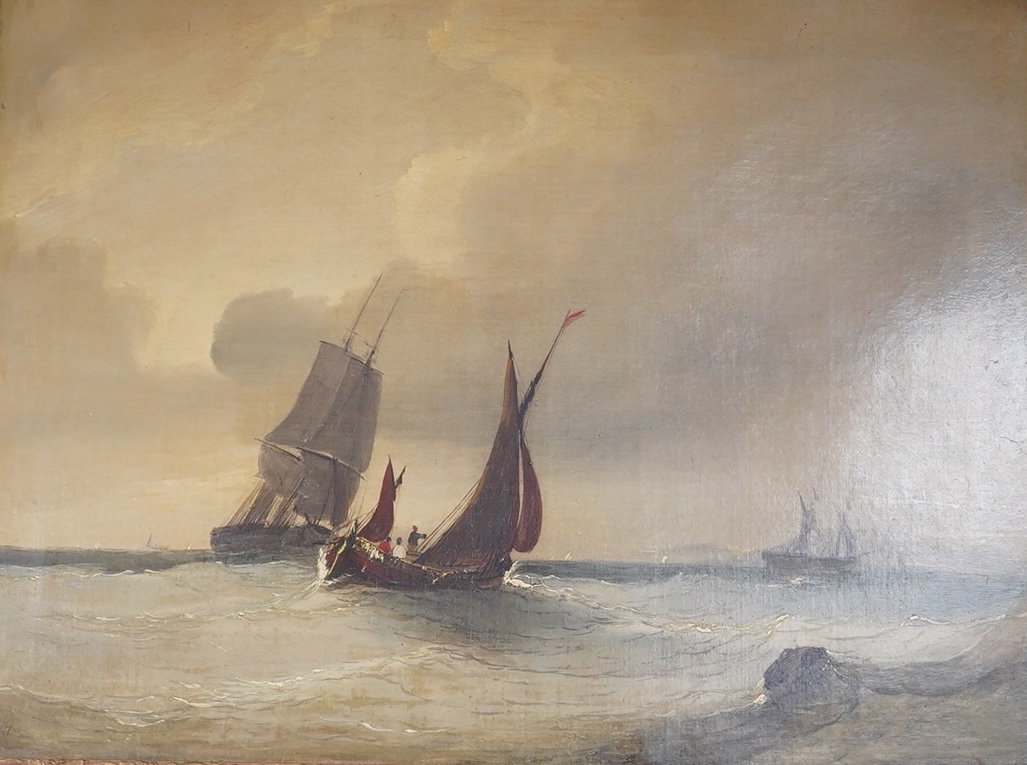 Late 18th /early 19th century, English School, oil on canvas, Shipping scene, unsigned, 44 x 59cm, gilt framed. Condition - fair to good